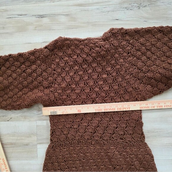 Chocolate Brown Crochet Balloon Sleeve Scallop Fan Design Drop Waist Maxi Dress - Picture 12 of 13